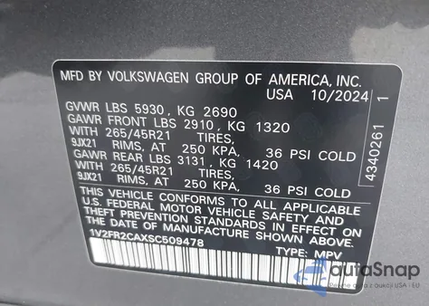 2025 Volkswagen Atlas 2.0T Sel Premium R-Line z USA, uszkodzony, nr VIN 1V2FR2CAXSC509478